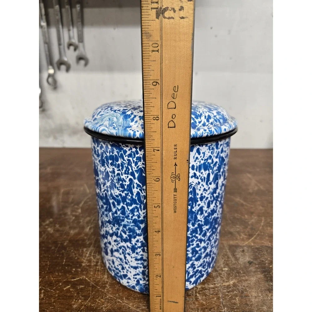 Vintage Blue White Splatter Enamelware Canister Set of 4 Lidded Nesting